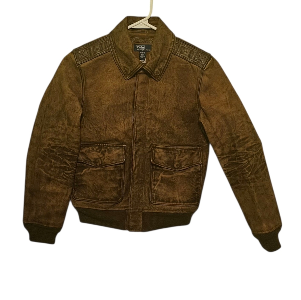 Polo Ralph Lauren Boys Kids Leather Flight Jacket Medium 10/12 Brown‎ Vntg Style